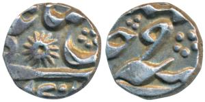 Murshidabad Mint, Silver 1/8 Rupee, 1.44g, in the name of Shah Alam II, RY 9, star mintmar