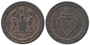 Copper ½ Dub or 1/96 Rupee, 7.03g, 1794, coat of arms of the EIC on obv., bale mark on rev