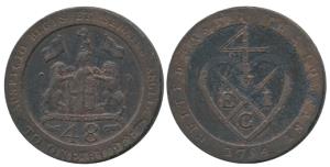 Copper Dub or 1/48 Rupee, 13.1g, 1794, coat of arms of the EIC on obv., bale mark on rev. 