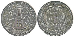 Silver ½ Pagoda, 20.84g, 2nd issue, 1808, value in English and Persian on ribbon around Go