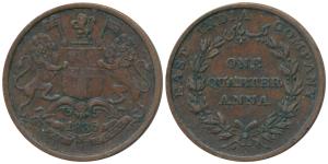 Copper ¼ Anna, 1835, Bombay Mint, 17 Berries (8 L+9 R), Y of COMPANY above a berry, suppre