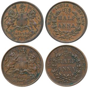 Copper ½ Anna (2), 1835, Madras Mint, ‘A’ in India raised above; ‘A’ in India dropped down