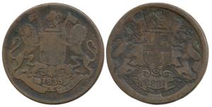 Copper ¼ Anna, 1835, obv. coat of arms of the EIC and date, Error, Brockage, nice and near