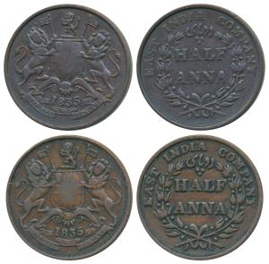 Copper ½ Anna (2), 1835, Madras Mint, ‘A’ in India raised above, Unlisted in Pridmore. Ver