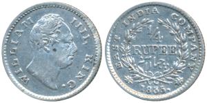 William IV, Silver ¼ Rupee, 1835, Calcutta Mint, Dug out F incuse, Wreath with 18 Berries 