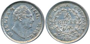 William IV, Silver ¼ Rupee, 1835, Calcutta Mint, F raised, Wreath with 18 Berries (10L+8R)