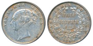 Victoria Queen, Silver ½ Rupee, 1840, continuous legend, Madras Mint, English Head, 19 Ber