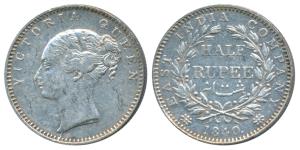 Victoria Queen, Silver ½ Rupee, 1840, continuous legend, Bombay Mint, English Head, 19 Ber