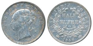 Victoria Queen, Silver ½ Rupee, 1840, continuous legend, Bombay Mint, English Head, 19 Ber