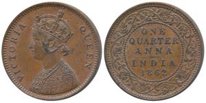 Victoria Queen, Copper ¼ Anna, 1862, Bombay Mint, 4 lace panel in jabot with a single flow