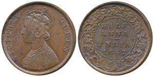 Victoria Queen, Copper ½ Anna, 1862, Madras Mint, slanting top of numeral ‘1’ in date, 30.