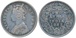 Victoria Queen, Silver 2 Annas, 1862, Calcutta Mint, No Mint mark, top three petals of the