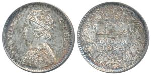 Victoria Queen, Silver 2 Annas, 1862, Calcutta Mint, No Mint mark, top three petals of the