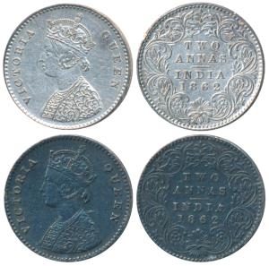 Victoria Queen, Silver 2 Annas, 1862, Calcutta Mint, No Mint mark, top three petals of the