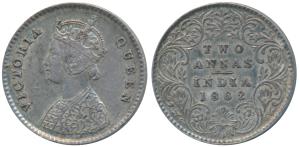 Victoria Queen, Silver 2 Annas, 1862, Calcutta Mint, No Mint mark, top three petals of the