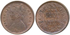 Victoria Queen, Copper ¼ Anna, 1874, Calcutta Mint, (Prid 608). Uncirculated, Rare. The Di