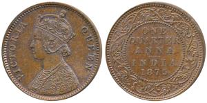 Victoria Queen, Copper ¼ Anna, 1875, Bombay Mint, (Prid 635). Uncirculated Rare. The Diana