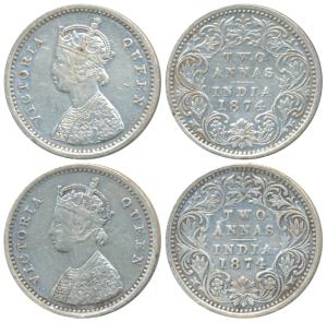 Victoria Queen, Silver 2 Annas, 1874 (2), Bombay Mint, A / I / No mint mark, (Prid 516). V