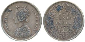 Victoria Empress, Silver 2 Annas, 1877, Bombay Mint, A / I / dot, (Prid 520). Very Fine+.
