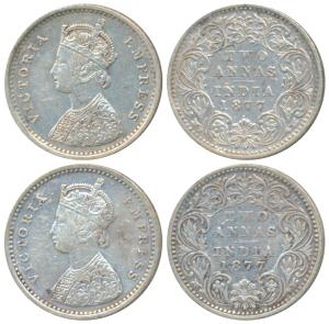Victoria Empress, Silver 2 Annas, 1877 (2), Bombay Mint, A / I / dot, (Prid 520). About Ve