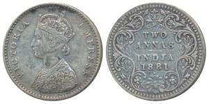 Victoria Empress, Silver 2 Annas, 1881, Bombay Mint, A / II / dot; (Prid 523). Very Fine, 