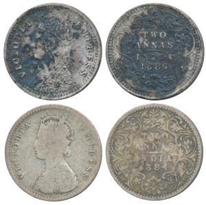 Victoria Empress, Silver 2 Annas, 1884, Bombay Mint, A / I / B raised, (Prid 533); 1886, B