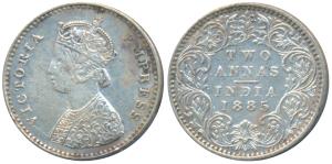 Victoria Empress, Silver 2 Annas, 1885, Bombay Mint, A / I / No mint mark, (Prid 536A). Ve