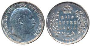 Edward VII, Silver ½ Rupee, 1909, Calcutta Mint, No mint mark (Pr 313). Slight scratch on 