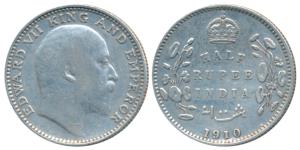 Edward VII, Silver ½ Rupee, 1910, Bombay Mint, B incuse and dot, (Prid 317). Very Fine.