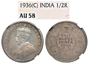 George V, Silver ½ Rupee, 1936, Calcutta Mint (Prid 328). Graded by NGC AU58.
