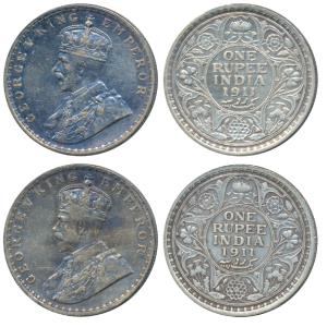 George V, Silver Rupee, 1911, Calcutta and Bombay Mints, (Prid 207 & 217). About Very Fine