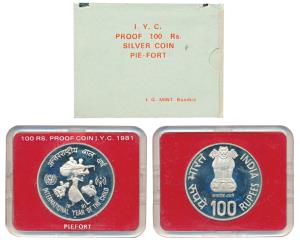 1981, Silver Rupees 100, PIE FORT, International Year of the Child, Bombay Mint. Proof, wi
