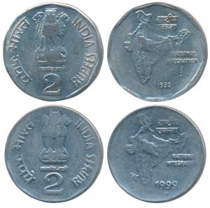 Steel Rupees 2 (2), 1992, Calcutta Mint; 1999, Noida Mint both Off-Metal Strike (OMS), str
