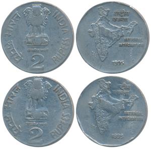 Stainless Steel Rupees 2 (2), 1995, Hyderabad Mint; 1995, Calcutta Mint, both Off-Metal St