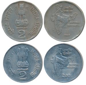 Stainless Steel Rupees 2 (2), 2003, Hyderabad Mint; 1993, Calcutta Mint, both Off-Metal St