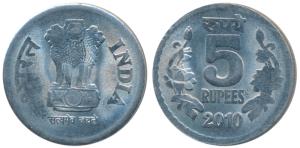 Stainless Steel Rupees 5, 2010, Off-Metal Strike (OMS), struck on a Stainless Steel planch