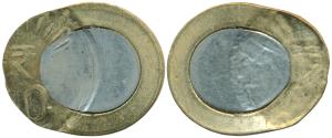 Bi-metal Rupees 10, Error, 50% off center which has expanded the planchet. Uncirculated, R