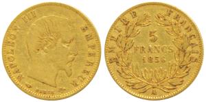 France, Napoleon III, Gold 5 Francs, 1.6g, 1856 A, Paris Mint, obv. bare head variety, (KM