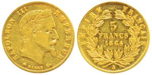 France, Napoleon III, Gold 5 Francs, 1.6g, 1864 A, obv. laureate head, rev. value within w