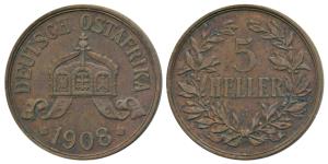 German East Africa, Copper 5 Heller, 19.96g, 1908 J, (KM11). Extremely Fine, Scarce.