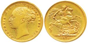 Great Britain, Victoria, Gold Sovereign, 8g, 1871, young head, St. George slaying a dragon