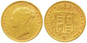 Great Britain, Victoria Queen, Gold ½ Sovereign, 8g, 1873, Young head, Shield on rev. (KM 