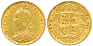 Great Britain, Victoria Queen, Gold ½ Sovereign, 4g, 1892, Jubilee head, Shield on rev. (K