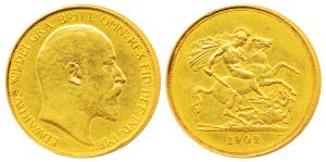 Great Britain, Edward VII, Gold 5 Pounds, 40g, St. George slaying a dragon on rev., 1902 (