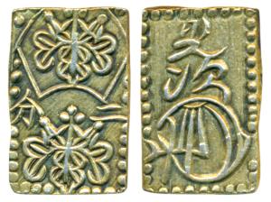 Japan, Iyeoshi, Shogun, Base gold, 3g, Legend and floral patterns, Tempo Ichi-bun (1837). 