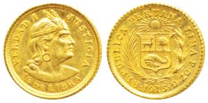 Peru, Gold 1/5 Libra (Pound), 1.6g, 1913, Trade Coinage, struck at Lima, (KM 210). Uncircu