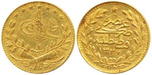 Turkey, Muhammad V (AH 1327-36, 1909-18 AD), Gold 25 Kurush, 1.7g, AH 1327, Year 4 (KM 752