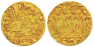 Ram Tanka, Gold Temple Token, 10.77g, obv. Ram Durbar - Ram and Sita seated with a chatra 