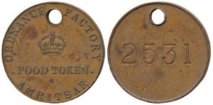 Ordinance Factory Amritsar, Copper (Canteen) Food Token, 11.92g, obv. British crown in cen