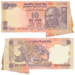 Rupees 10, signed Bimal Jalan, Error, margin with extra paper and part of the next note at